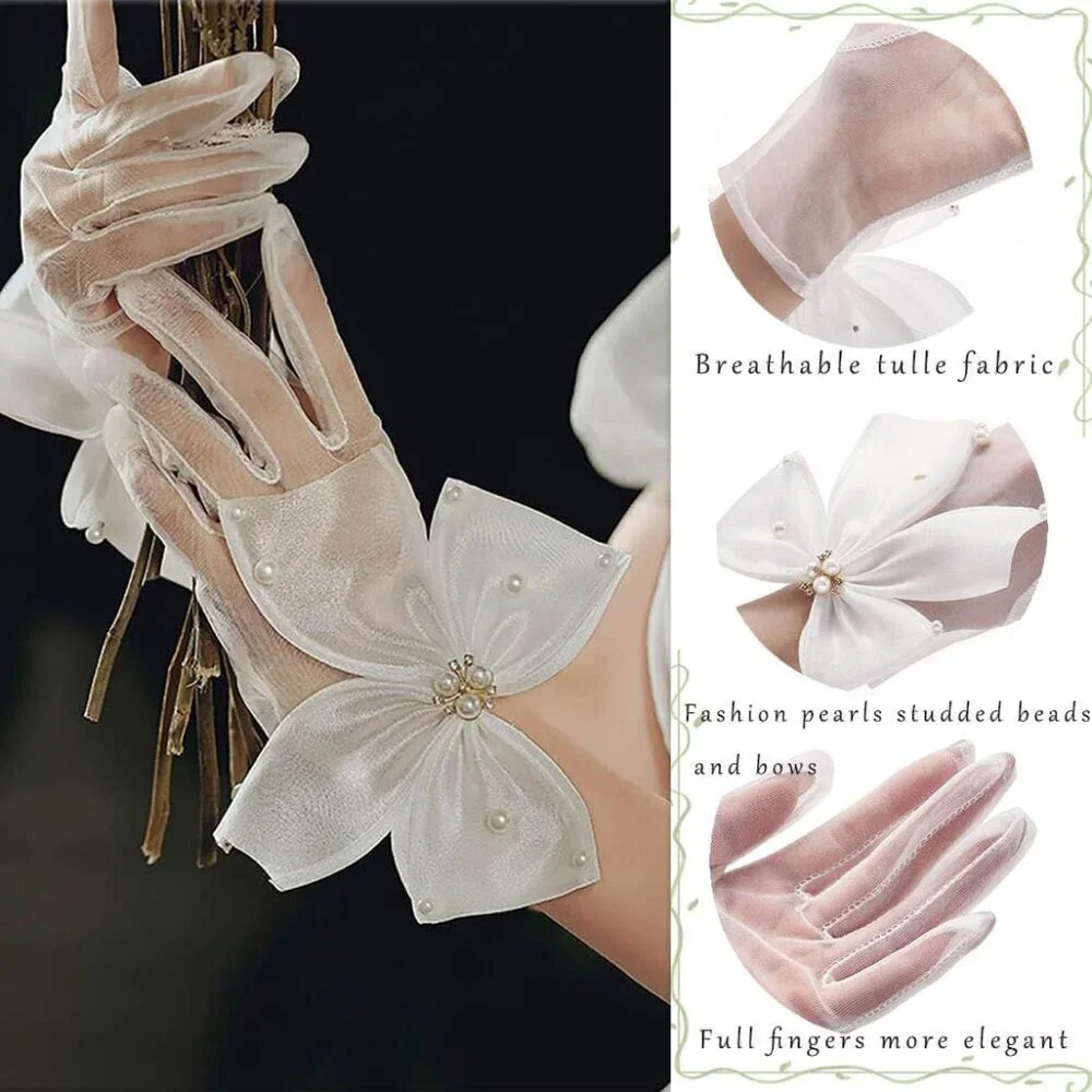 Women's Pearl Bow White Sheer Gloves Bridal Wedding Party Prom Accessory